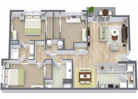 Floor plan for 3 beds, 2 baths, 1112 sqft